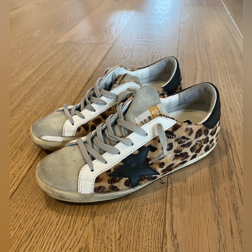 Golden Goose Super Star Sneakers- in Leopard Print Flocked Leather, sz 37
